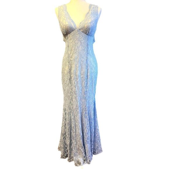 Morgan & CO. Blue V-Neck Glitter Lace Open Back Dress Size 7 NWOT - Picture 5 of 9